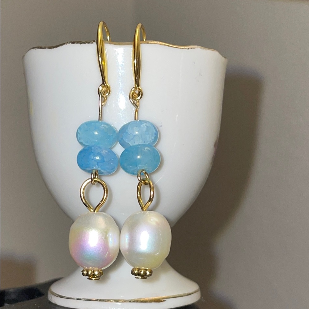 Elegant Gold and Pearl Drop aquamarine Earrings